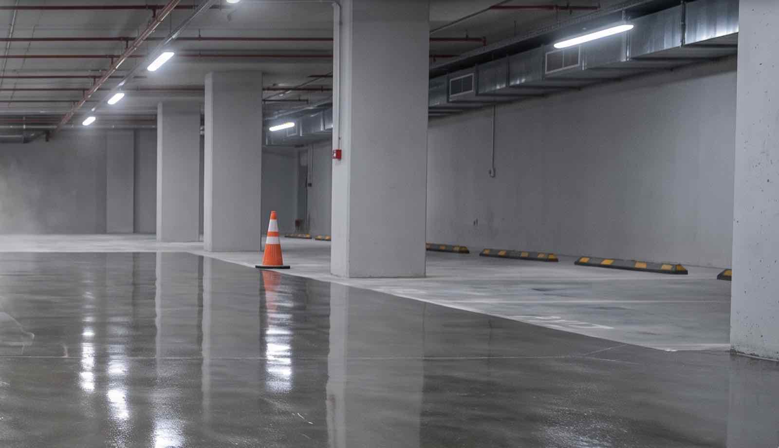 Wypolerowana, błyszcząca posadzka betonowa w hali garażowej po zabiegu impregnacji